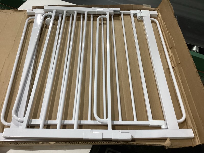 Condition photo showing As Is for extra wide baby gate with door 53.4-62 inch pressure mounted, auto close child baby gates for doorways no drill, walk through dog gate indoor for the house, white