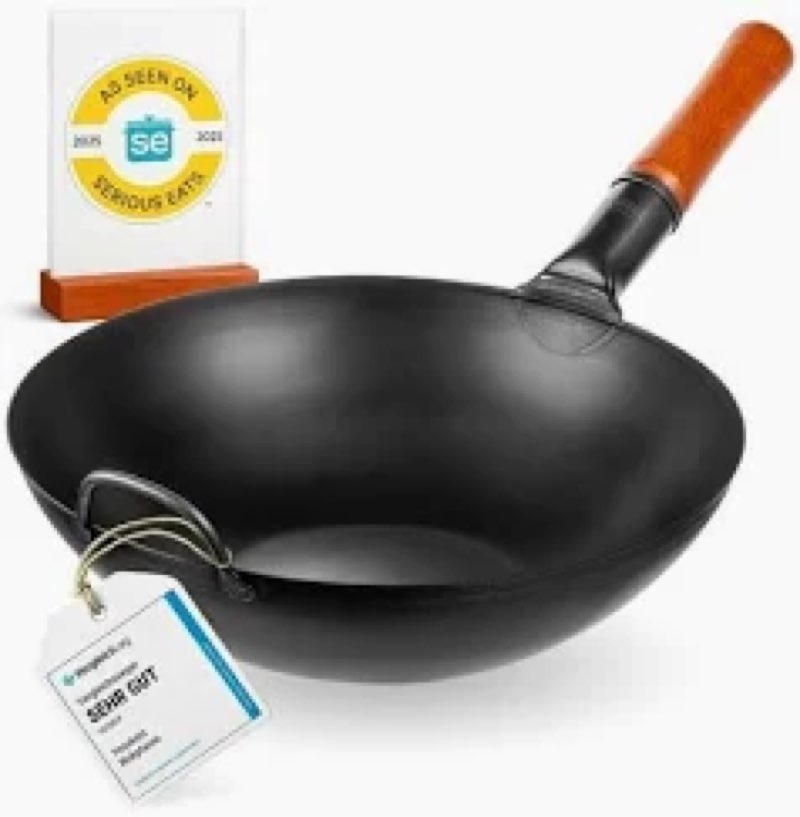 Yosukata black,carbon steel wok flat bottom 13.5”/ 34cm