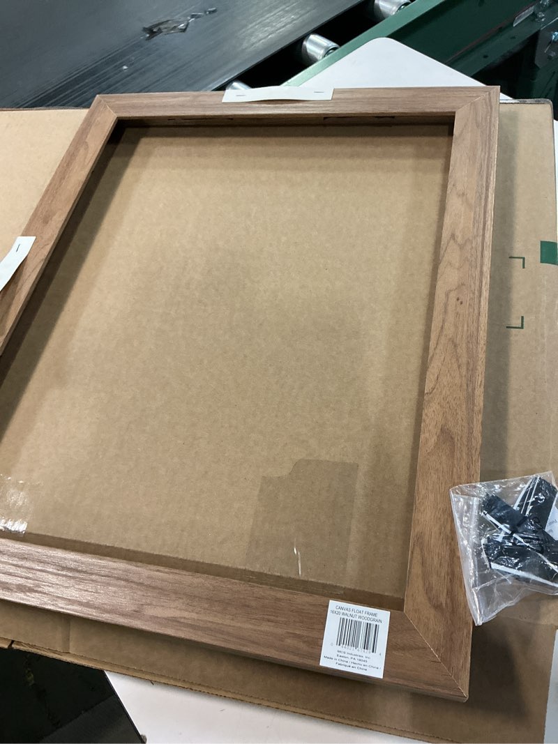 Condition photo showing Good Condition for MCS Canvas Float Frames 16x20 Frame, Walnut Woodgrain for Finished Canvases, Vertical & Horizontal Wall Hanging Large with Adhesive for Canvas Paintings (1-Pack) 16X20 Walnut Woodgrain