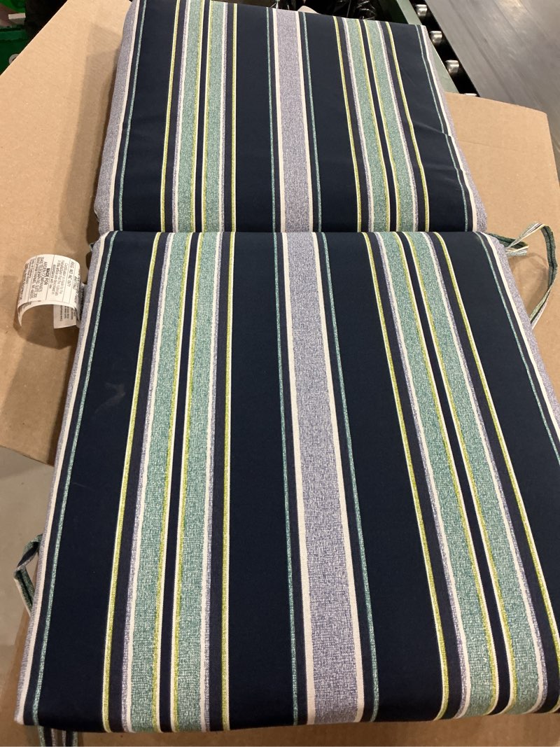 Condition photo showing Good Condition for arden outdoor midback chair cushion, 18 x 16.5, water repellent, fade resistant 18 x 16.5, sapphire aurora blue stripe