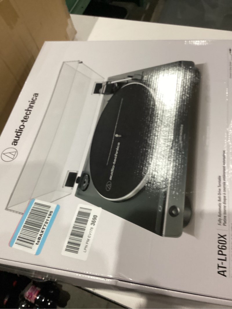 Condition photo showing As Is for Audio-Technica AT-LP60X-BK Fully Automatic Belt-Drive Stereo Turntable, Black, Hi-Fi, 2 Speed, Dust Cover, Anti-Resonance, Die-Cast Aluminum Platter Black Wired Turntable