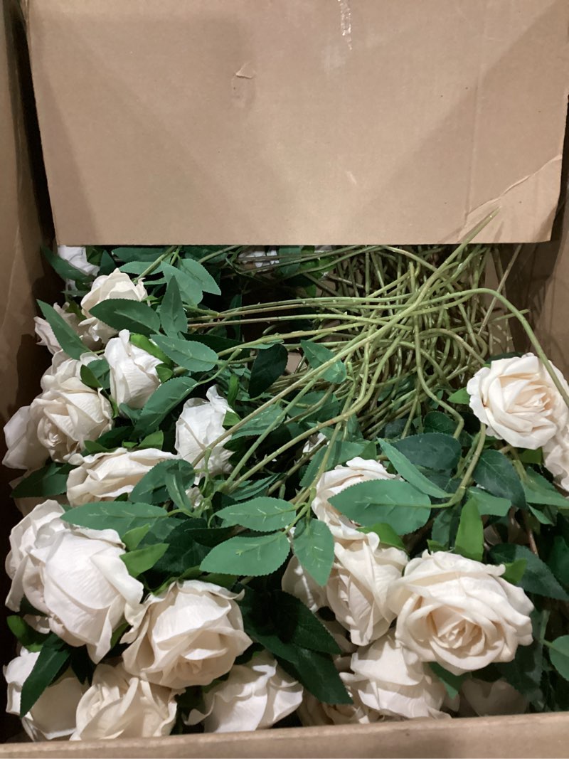 Condition photo showing As Is for 50 pcs champagne roses artificial flowers, fake roses with stem realistic silk rose for diy wedding bouquets table centerpieces arrangements baby shower birthday home decor valentines day gift for her