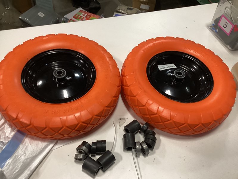 Condition photo showing Good Condition for Upgraded 16" Flat Free Wheelbarrow Wheels and Tires, 4.80/4.00-8 Solid Tires with 5/8"&3/4" Bearings, Universal Fit for Wheelbarrows/Garden Trailer 2 orange
