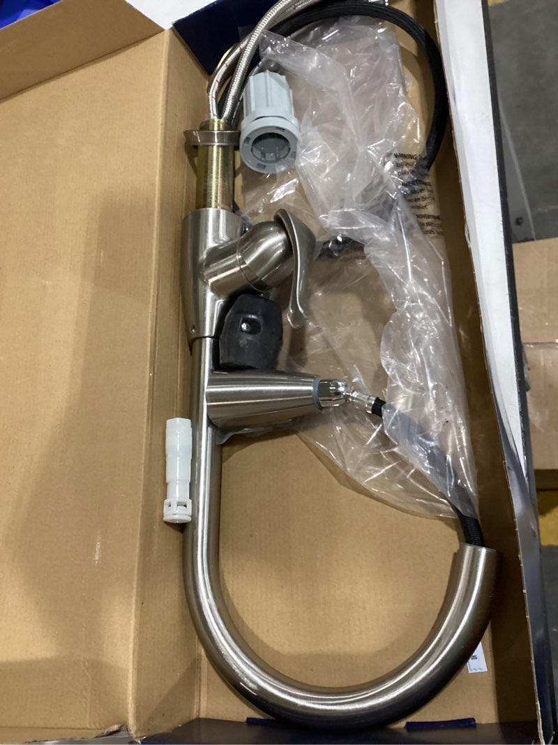 Condition photo showing As Is for project source tucker stainless steel single handle pull-down kitchen faucet with sprayer (deck plate included)