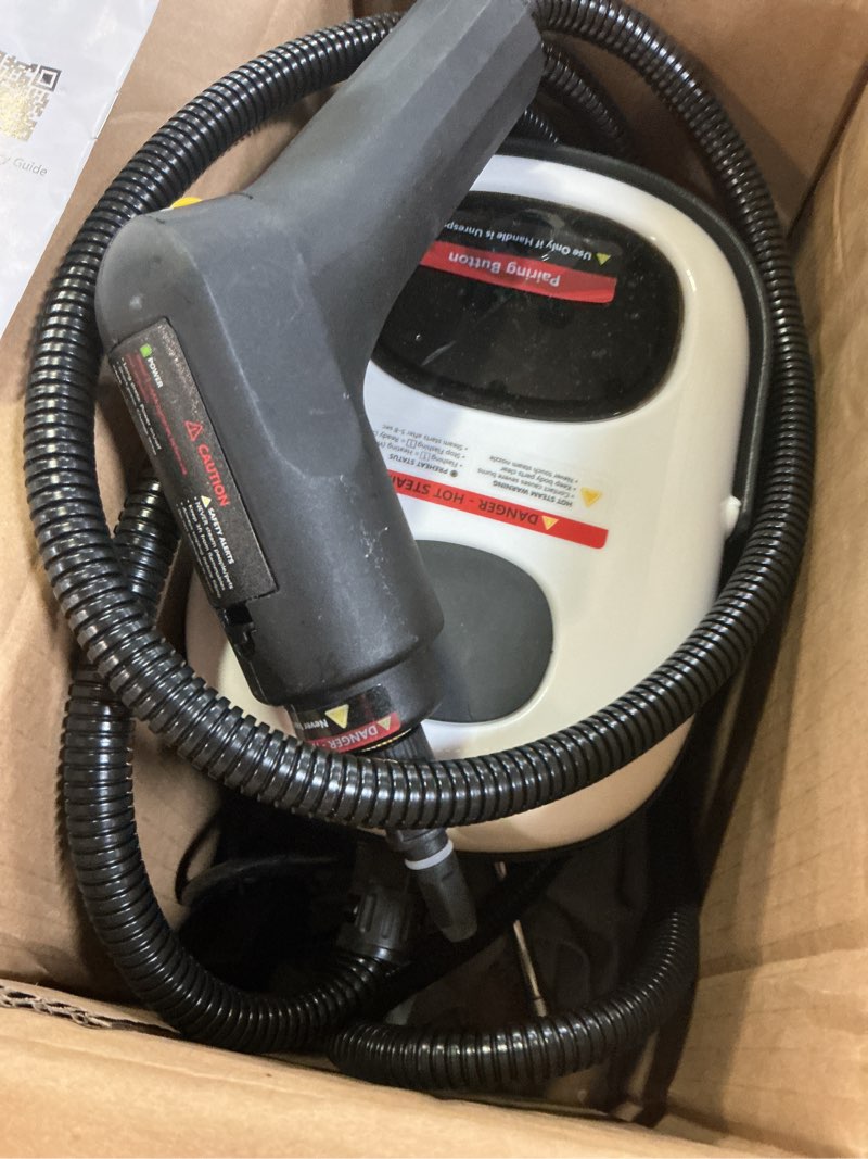 Condition photo showing As Is for pressurized steam cleaner, 3-level adjustable handheld steamer cleaning for home, 15s fast heat-up & 47.3oz tank, 2500w multi-surface portable steamer for floor/grout/car/kitchen & bathroom white