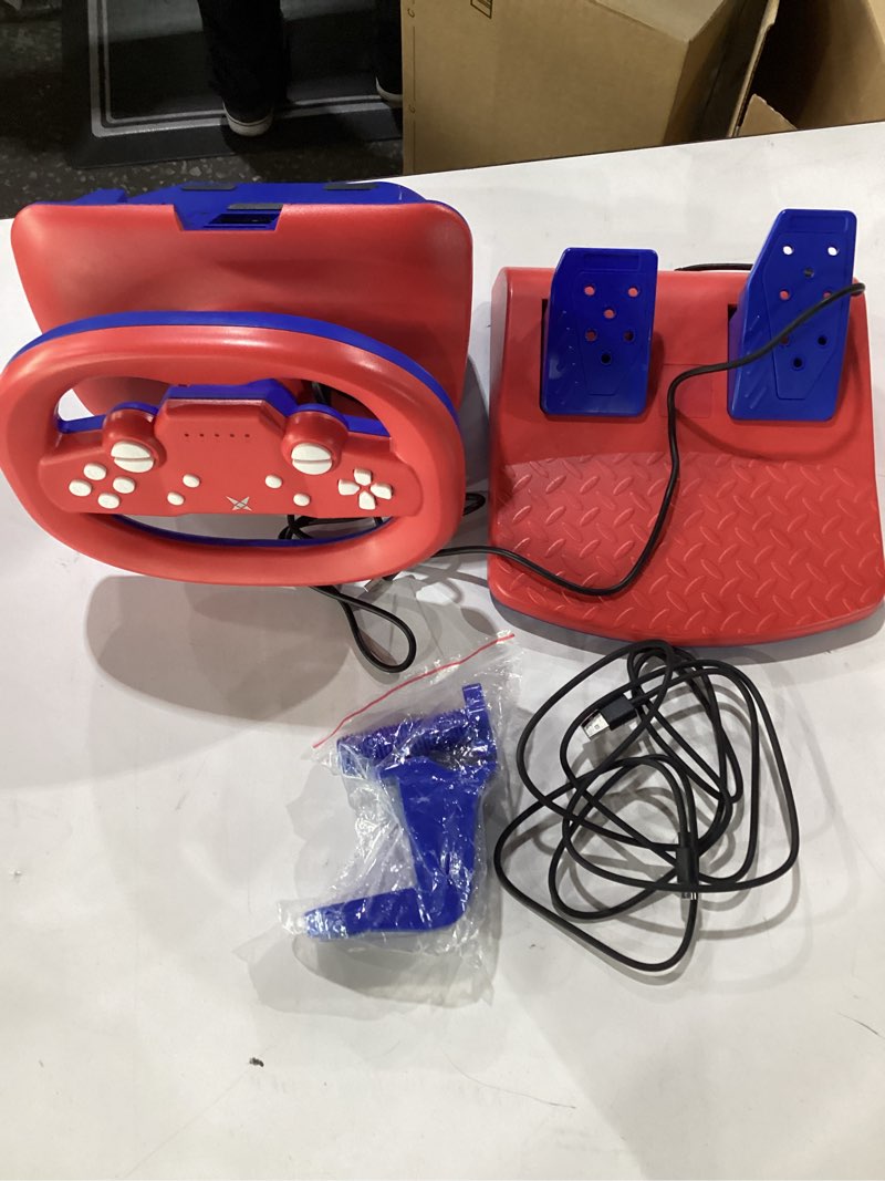 Condition photo showing As Is for doyo gaming steering wheel with pedals, 270 degree racing wheel with dual-vibration motors, wireless steering wheel for ps4, pc, switch, ps3, ios, android racing games red+blue