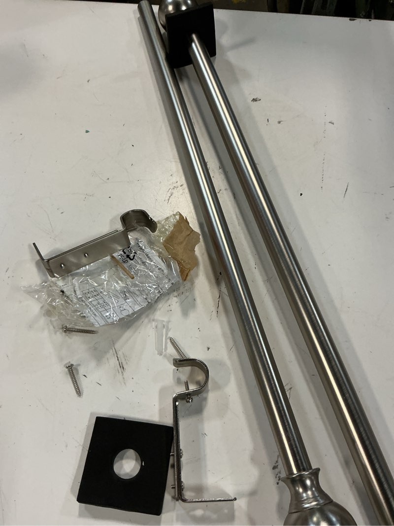 Condition photo showing As Is for window curtain rods 28 to 48 inches, 1 inch diameter adjustable drapery rod, decorative heavy duty curtains rod with fancy round finials for living room, bedroom, patio, brushed nickel brushed nickel 28"-48"