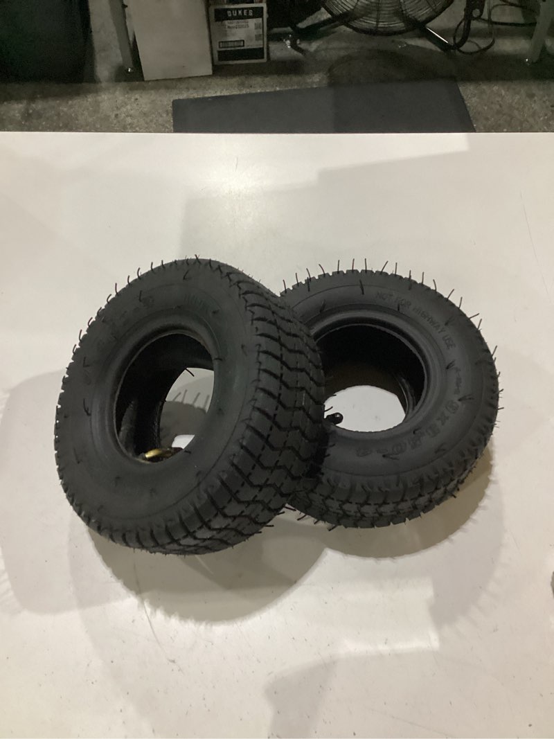 Condition photo showing Good Condition for 9x3.50-4 tire and inner tube set, replacement 9x3-1/2 tire with bent valve stem, heavy duty butyl tube for go kart, scooter, mini bike, lawn mower, 2 pack 2pcs