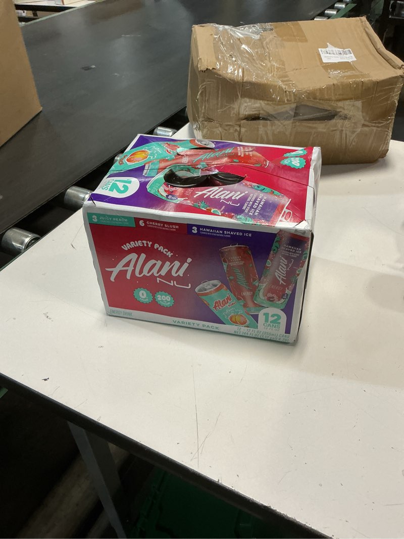 Condition photo showing New/Like New for ((BB:09/2027))Alani Nu VARIETY PACK CHERRY SLUSH, JUICY PEACH, HAWAIIAN SHAVED ICE Sugar Free, Low Calorie Energy Drinks, 200mg Caffeine, Biotin B Vitamins, Zero Sugar, 10 Calories, 12 Fl Oz Cans, 12 Pack Variety Pack - Cherry Slush, Juicy Peach, Hawaiian Shaved Ice 12 Fl Oz (Pack of 12)