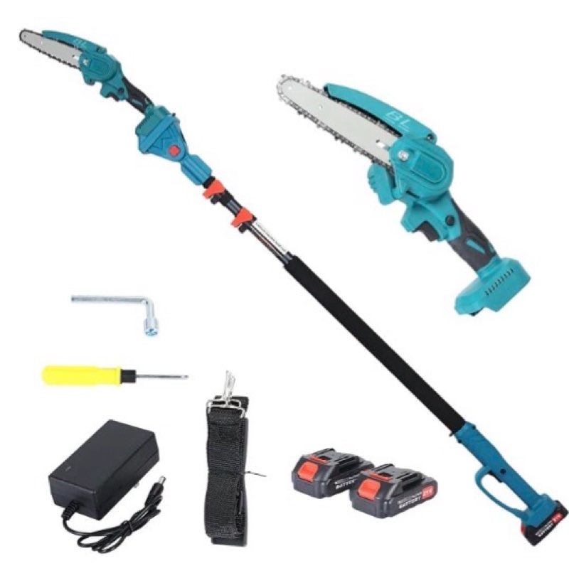  Touch the image to zoom in                  4+    2-in-1 Cordless Pole Saw & Mini Chainsaw, 21V 6Inch Brushless Pole Saw Battery Powered, Tree Trimmer with Retractable Pole, 2 x 2Ah Batteries for Tree Trimming, Wood Cutting Blue