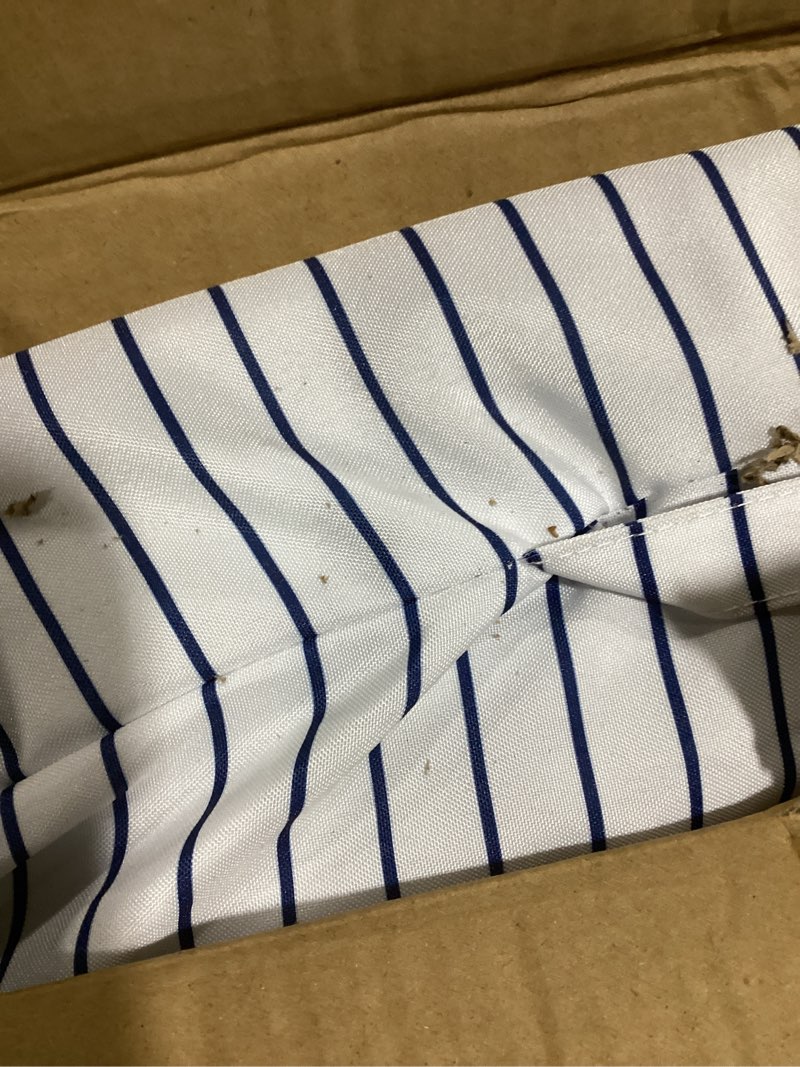 Condition photo showing Good Condition for 7ft patio umbrella with fringe, boho beach umbrellas, outdoor tassels umbrellas with push button tilt & carrying bag, 8 windproof fiberglass ribs, upf50+ blue & white stripe