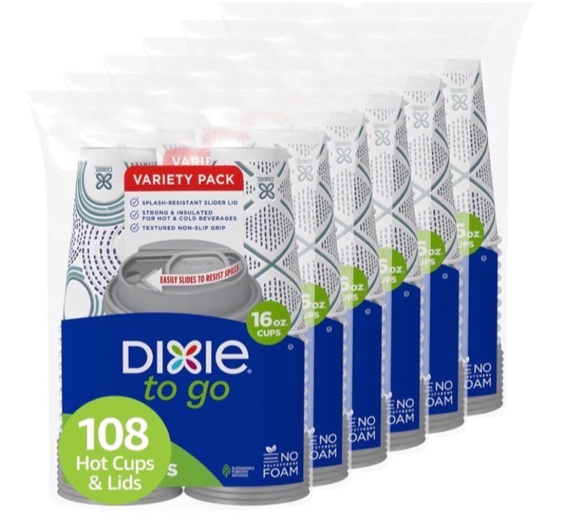 Dixie To Go Paper Coffee Cups With Lids, 16 oz, 108 ct, Disposable Insulated Paper Cups for On-The-Go