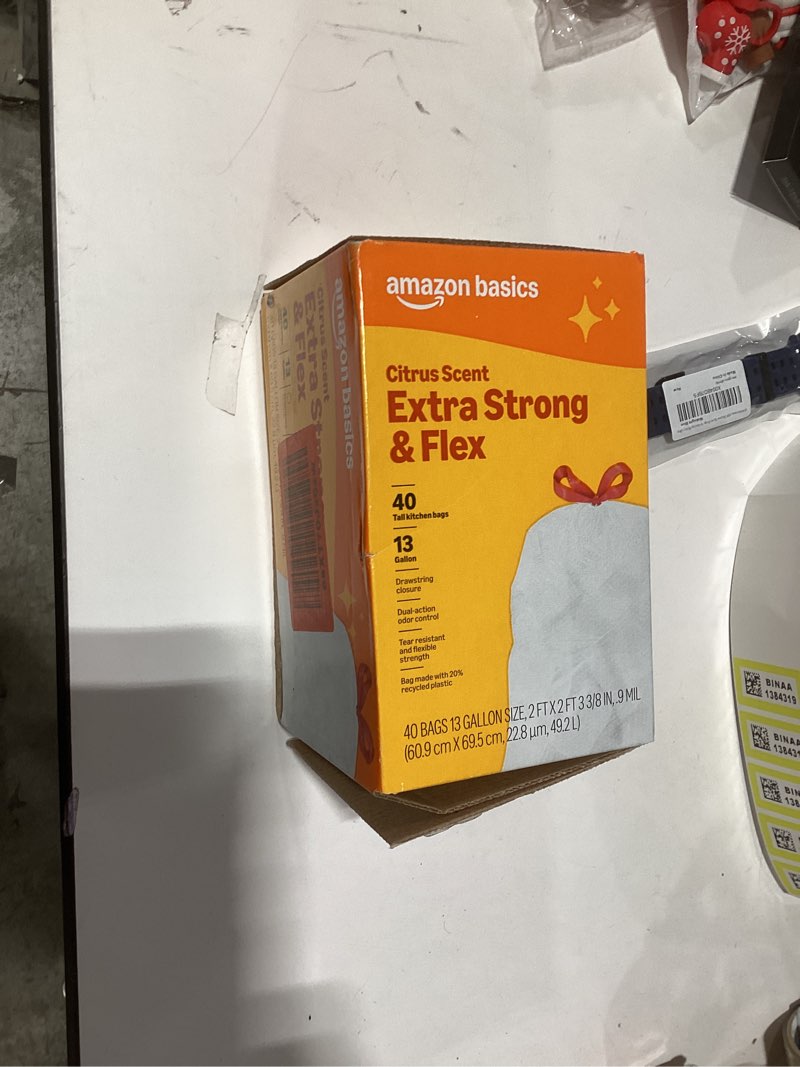 Condition photo showing New/Like New for Amazon Basics Extra Strong & Flex Tall Kitchen Drawstring Trash Bags, Citrus Scent, 13 Gallon, 40 Count