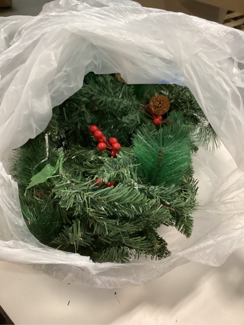 Condition photo showing As Is for 9 FT Christmas Garland with Lights, Battery Operated Prelit Green Garland Tree with Pine Cones Red Berries & 50 Lights, Realistic Artificial Decoration for Mantle Stairs Railing Fireplace Outdoor