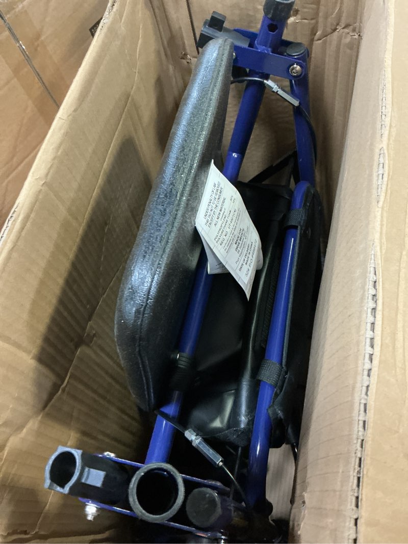 Condition photo showing As Is for drive medical rollator walker with seat - stable mobility support - height adjustable - durable steel frame construction - smooth 7.5" wheels - foldable - 350 lb limit - blue