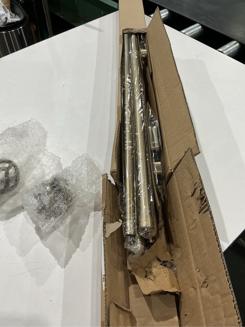 Condition photo showing Good Condition for brass double curtain rods, heavy duty decorative drapery rod 36-72 inches, telescoping drapery rod with twisted cage finials 72"-144" antique brass