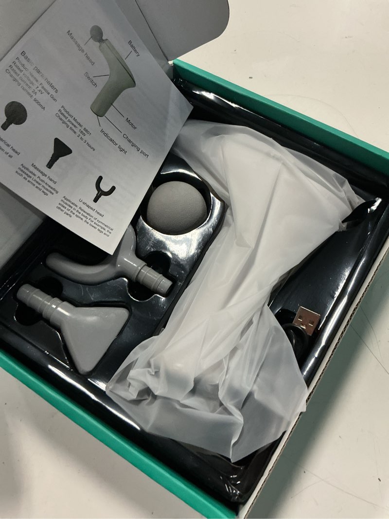 Condition photo showing New/Like New for deep tissue massage gun, portable percussion muscle massager with four interchangeable heads, useful for athletes, gym, office (white)