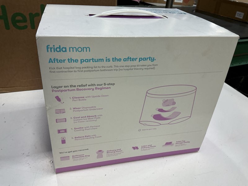 Condition photo showing New/Like New for Frida Mom 15pc Labor & Postpartum Kit Gift Set for Baby Showers & Mom to Be, Includes Peri Bottle, Nursing Gown, Disposable Underwear, Ice Maxi Pads, Pad Liners, Perineal Foam, Socks & Toiletry Bag