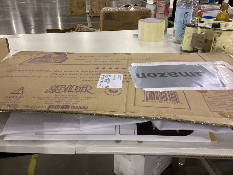 Condition photo showing New/Like New for Badger Basket Wooden Doll Bed with Blanket and Pillow with Free Personalization Kit - Fits 18" to 20" Dolls - Ideal for Baby Dolls and Pretend Play Fun - White and Pink Rose Design