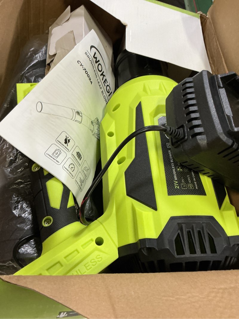 Condition photo showing Good Condition for cordless leaf blower with 2 batteries, 580cfm brushless motor for easy lawn care & car drying, lightweight handheld blower ideal for women & seniors, fast charger included