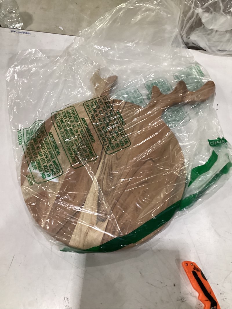 Condition photo showing As Is for creative co-op acacia wood cheese and cutting board with antlers, natural