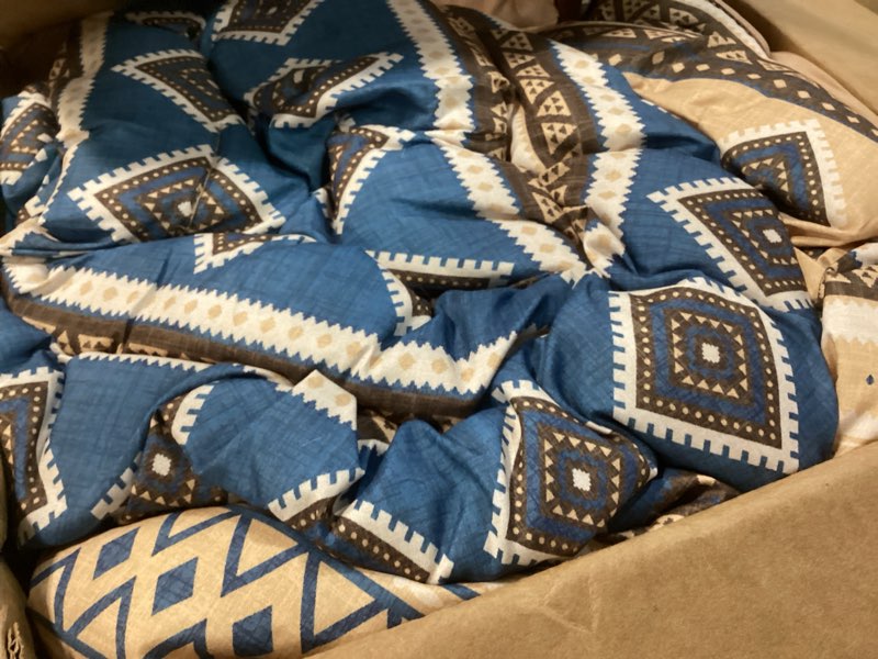 Condition photo showing As Is for mybedsoul brown boho style striped comforter set 7 pieces, king size aztec bed in a bag, all-season bedding set with sheets & pillow shams, bohemian geometric pattern king brown