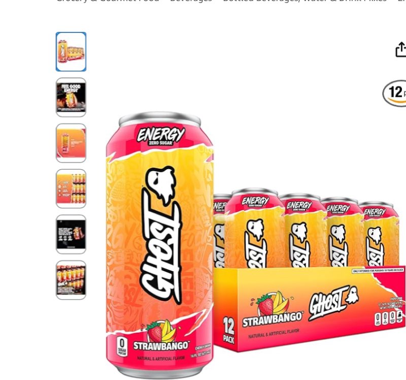 GHOST Energy Drink - 12-Pack, Strawbango, 16oz - Energy & Focus & No Artificial Colors - 200mg of Na ( Exp : 10/2026)
