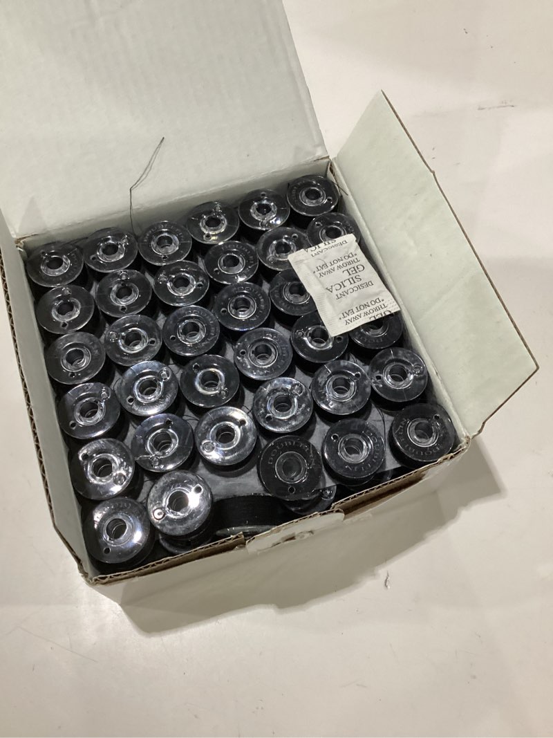 Condition photo showing As Is for doublelin apb-60s2 prewound bobbins, size a, black, 144 pcs | size a/class 15/sa156 plastic-sided, 60s/2 #90/50wt for dark sheer embroidery; compatible with brother, babylock, janome