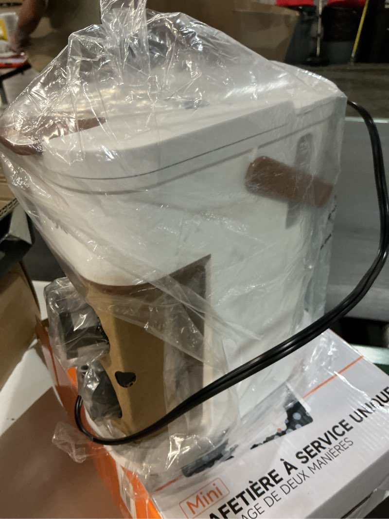Condition photo showing New/Like New for tastyle single serve one cup coffee maker, for k cups and grounds, mini coffee maker with portable handle, 6 to 12 oz brew size, for travel, camping, office, rv and dorm, 120v, white and brown