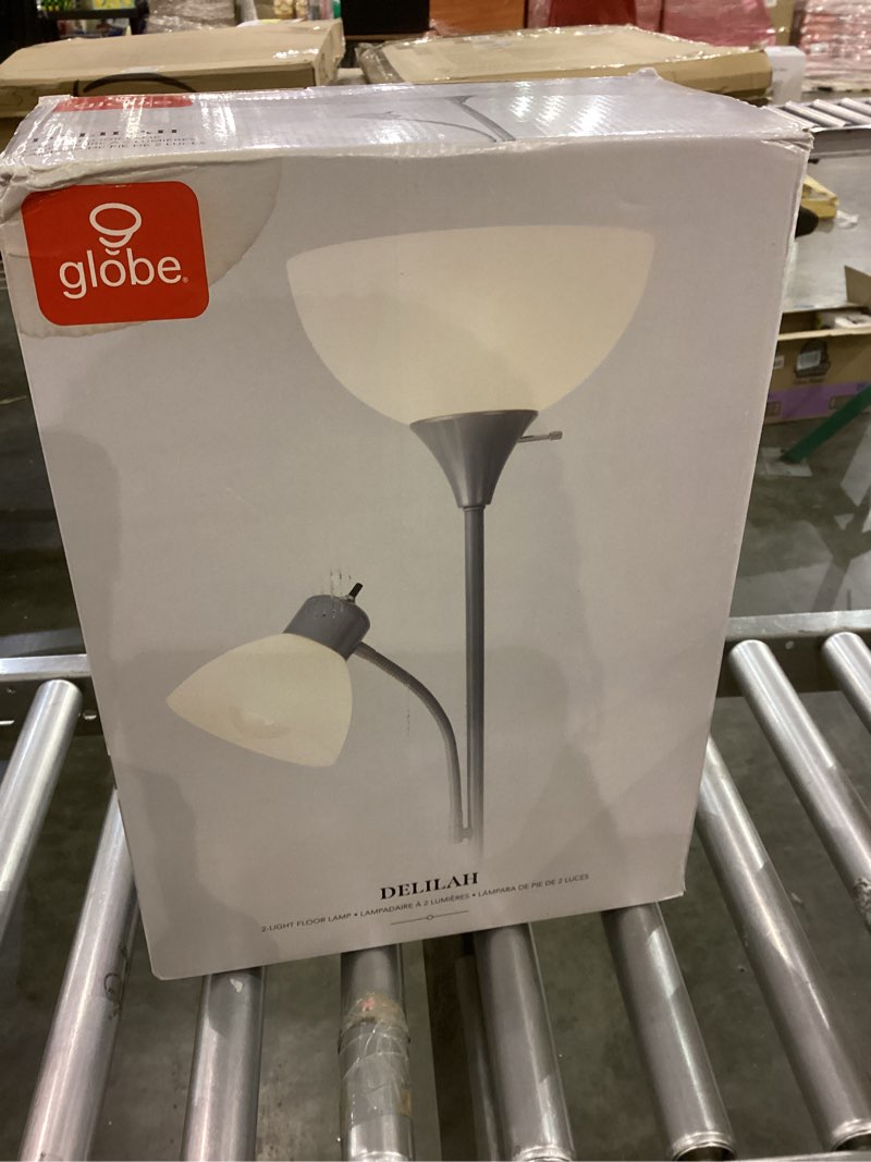 Condition photo showing As Is for GLOBE Electric 67134 72" Torchiere Floor Lamp and Adjustable Reading Light, Silver, Frosted Shade, Dual Rotary Switch, 3-Step Dimming, Modern Lighting for Living Room or Office, Timeless Silver 1 Pack