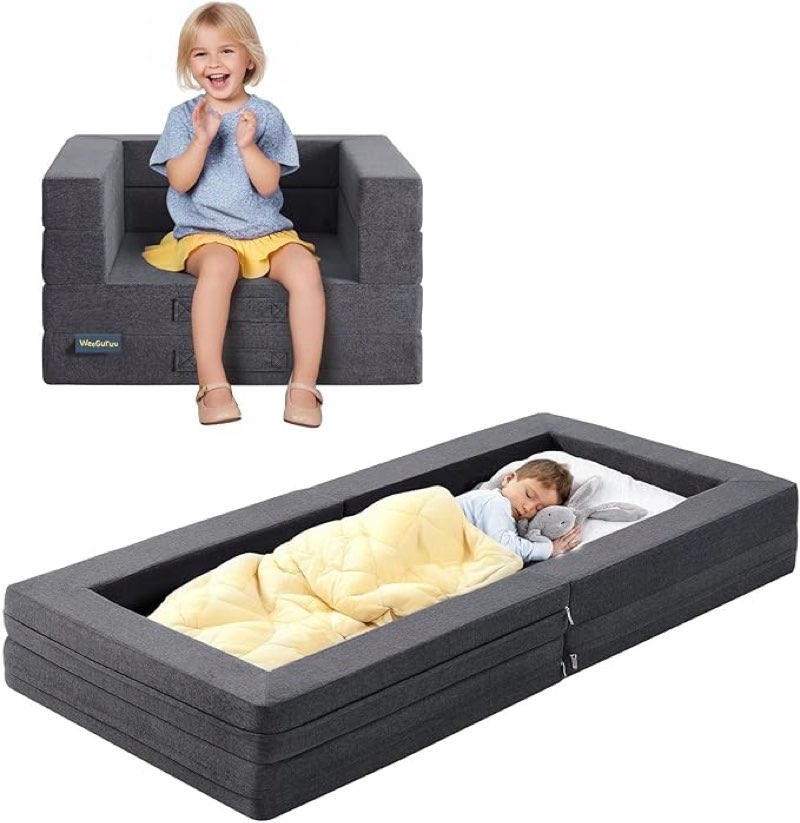 travel toddler bed, 3-in-1 convertible sofa bed for toddler portable floor beds, flip open sofa lounger for girls and boys, made with high-density foam and washable cover,gray