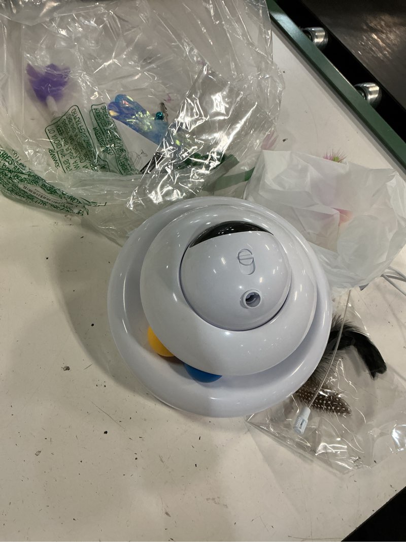 Condition photo showing As Is for mohaya cat toys?4-in-1 interactive cat toy for indoor cats with laser, fluttering butterfly, moving feather and track balls - usb rechargeable self-play kitten toy (white)