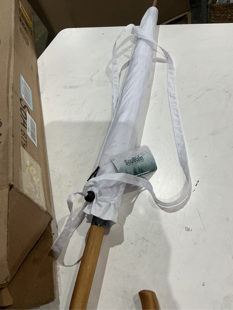 Condition photo showing Good Condition for shed rain - 48-inch traditional bow umbrella with curved wooden handle; rain umbrella, perfect for weddings, dances, graduations, and outdoor events, automatic opening, handle