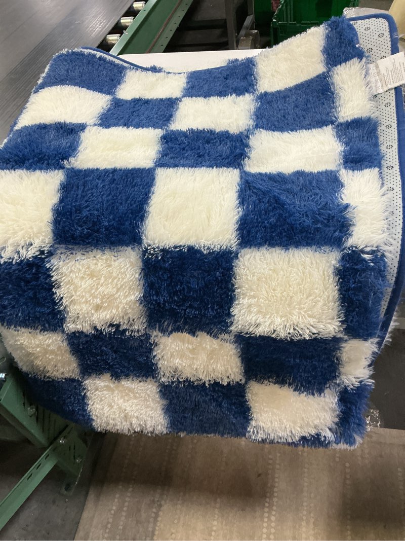 Condition photo showing As Is for KICMOR Navy Blue and Cream White Rugs for Living Room, 4x6 Fluffy Fuzzy Shag Checkered Rug Shaggy Carpet for Bedroom, Soft Plush Area Rug for Nursery Toddler Room Classroom Study Room Kids Room 4' x 6' (Rectangular) Blue / White
