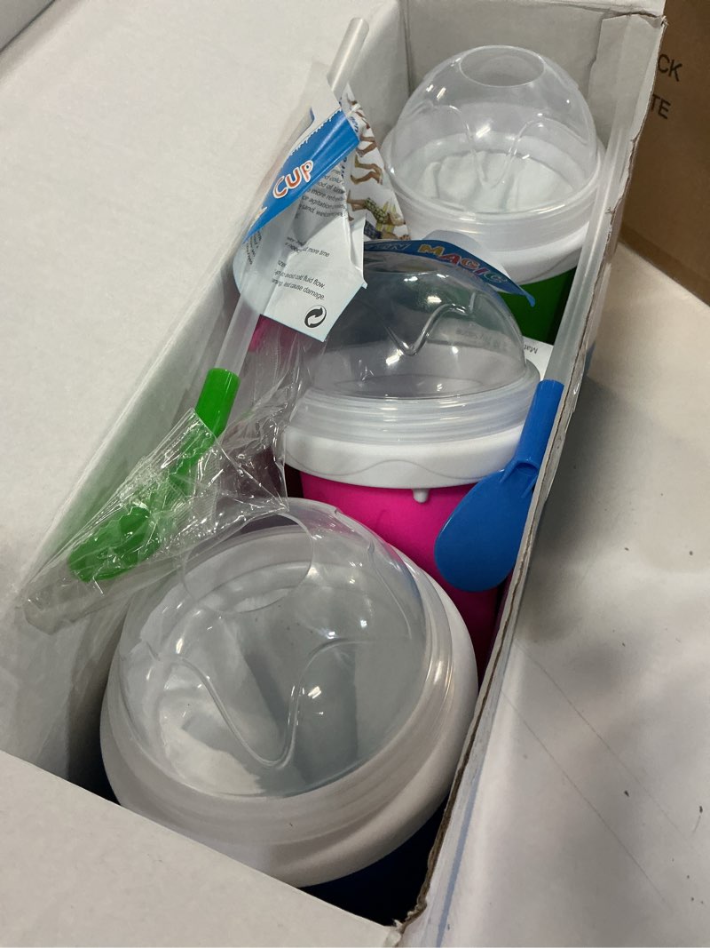 Condition photo showing Good Condition for 2 pack slushie cup, slushy maker cups, magic quick frozen squeeze cups for ice cream juice milk yogurt, diy smoothie cooling cup with lid and straw for kids friends family (blue and green) blue+green