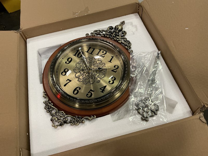 Condition photo showing Good Condition for pendulum wall clock, battery operated quartz movement, silent non ticking, large antique metal wooden clock, for home decor living room office brown
