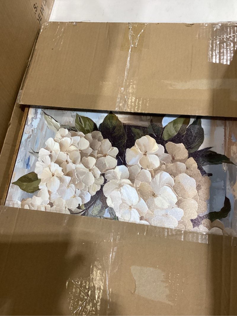 Condition photo showing Good Condition for Vintage Framed Hydrangea Wall Art Retro White Hydrangeas Canvas Wall Decor Farmhouse Floral Painting Picture Country Style Poster Prints for Bedroom Living Room Bathroom Home Decoration 16X24in Framed White Hydrangea 16x24in