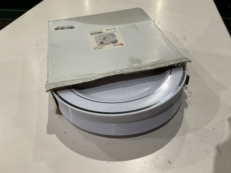 Condition photo showing As Is for bucla 30pcs silver plastic dinner plates - premium heavy duty 10.25inch silver disposable party plates, white and silver plastic plates for wedding & christmas 10.25inch-30pcs-silver