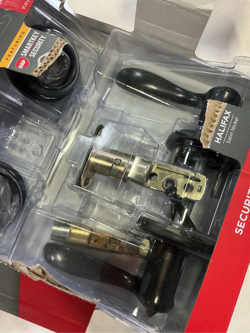 Condition photo showing As Is for kwikset halifax satin nickel zinc lever and single cylinder deadbolt