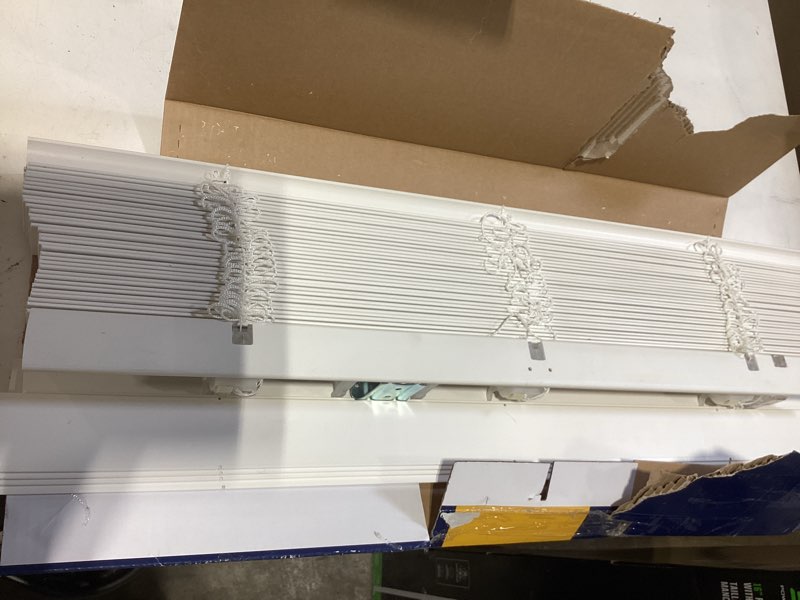 Condition photo showing As Is for levolor trim+go 2-in slat width 31-in x 72-in cordless white faux wood room darkening horizontal blinds