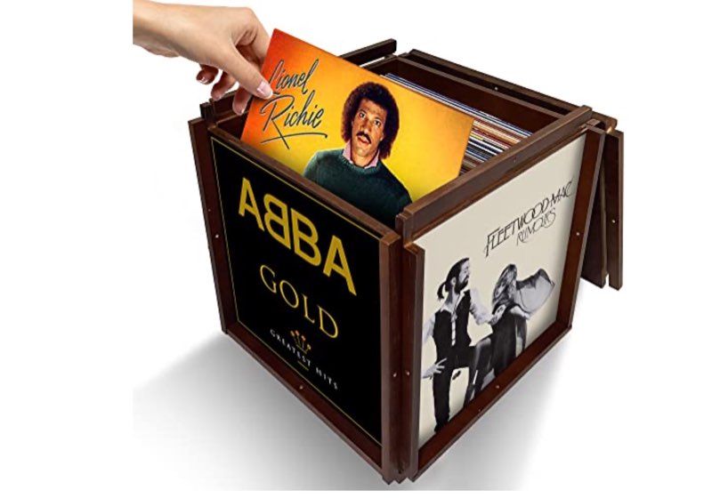 DIVINYLY 4-in-1 Rotating Vinyl Record Storage Box - Wooden Vinyl Display Cube - Rotatable Wood Crate Album Holder and Organizer for 100 Vinyl LP Records Collection - Irregular Finish