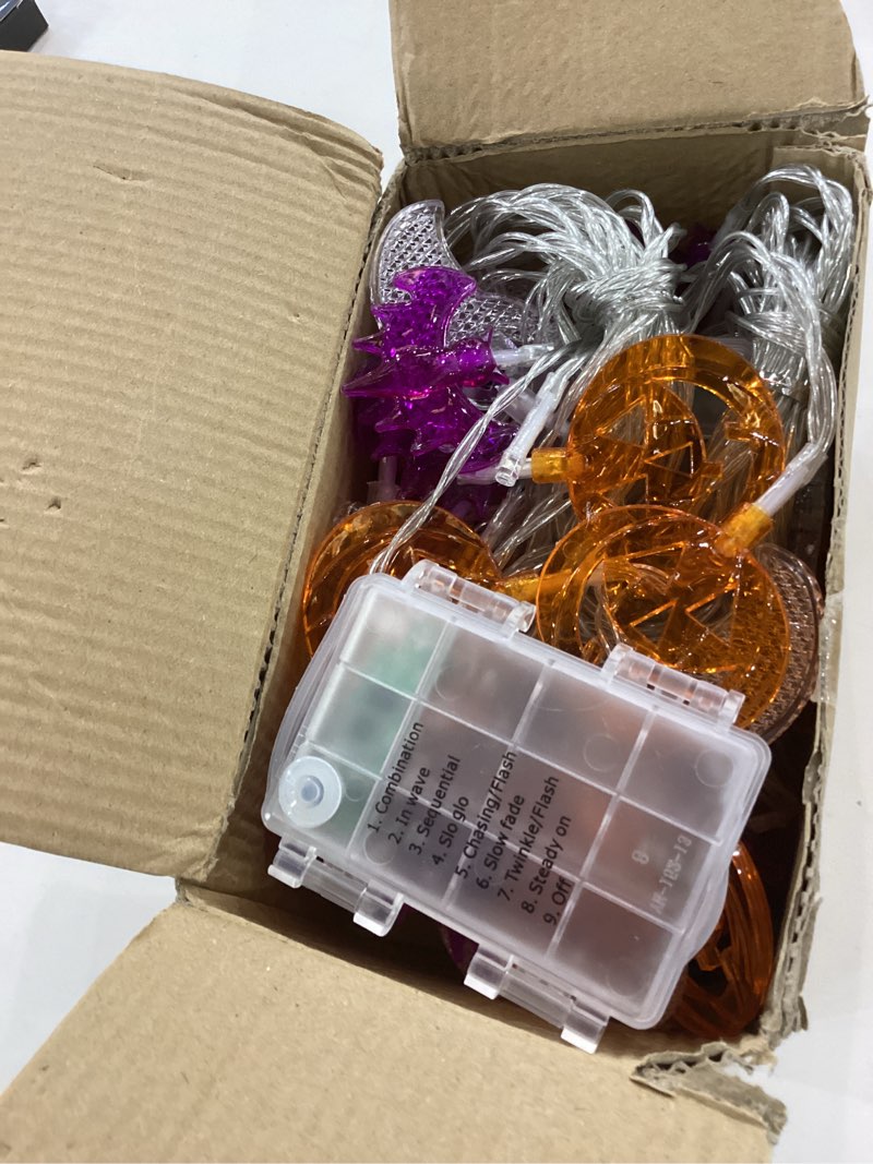 Condition photo showing Good Condition for 2 Pack Halloween Lights Indoor Outdoor Decorations Total 40FT 60 LED Pumpkin Bat Ghost Halloween String Lights Battery Operated, 8 Modes Waterproof Spooky Fairy Lights Home Yard Window Outside Decor 2 Pack-Pumpkin Bat Ghost Lights