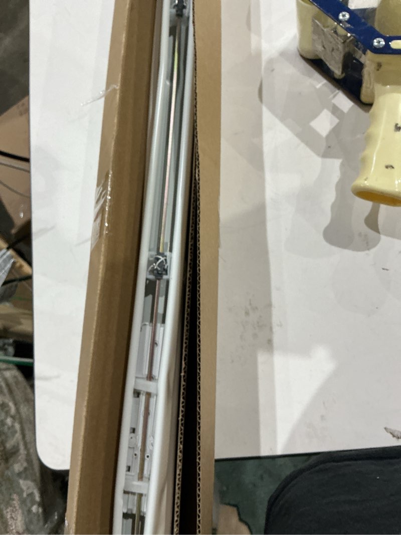 Condition photo showing As Is for chicology cordless mini blinds for indoor windows, 49" w x 48" h, white vinyl 1" slats with tilt wand, light filtering to room darkening, moisture-resistant, child-safe, screw-mount installation 49"w x 48"h white (commercial grade)