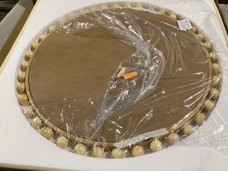 Condition photo showing Good Condition for Wood Round Mirror with Wood Beads, 24 inch Circle Wall Mirror for Living Room Wall Decor, Bathroom, Entryway, Bedroom, Farmhouse & Boho Style Home Decor(Natural) Natural 24"L x 24"W