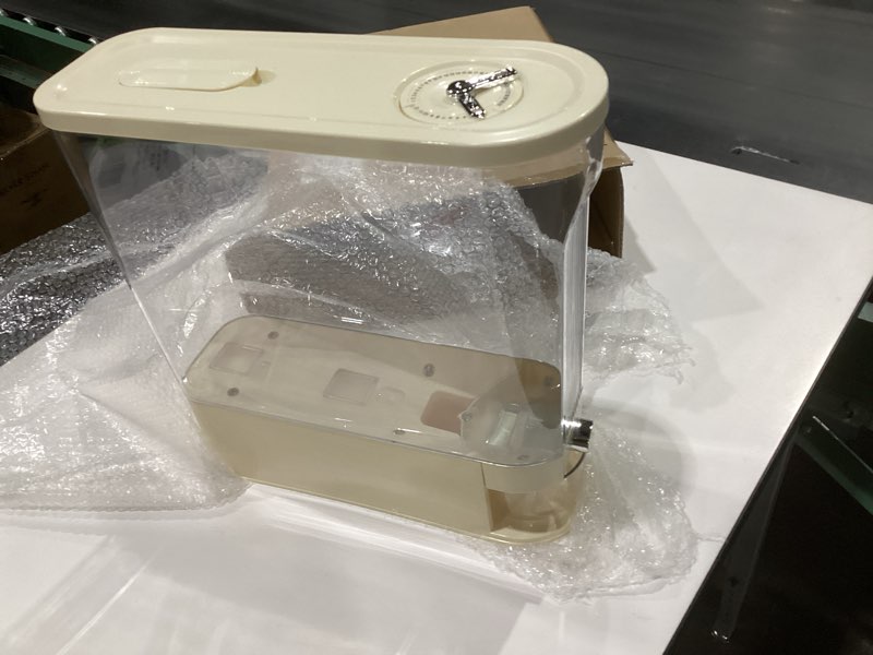 Condition photo showing New/Like New for Rice Bucket, 22 lb. Multigrain Can, Visually Sealed Moisture-Proof Rice Storage Container with Measuring Cup, Large Bore Food Grade Grain Dispenser, BPA Free rice dispenser Milky white - 22 lb