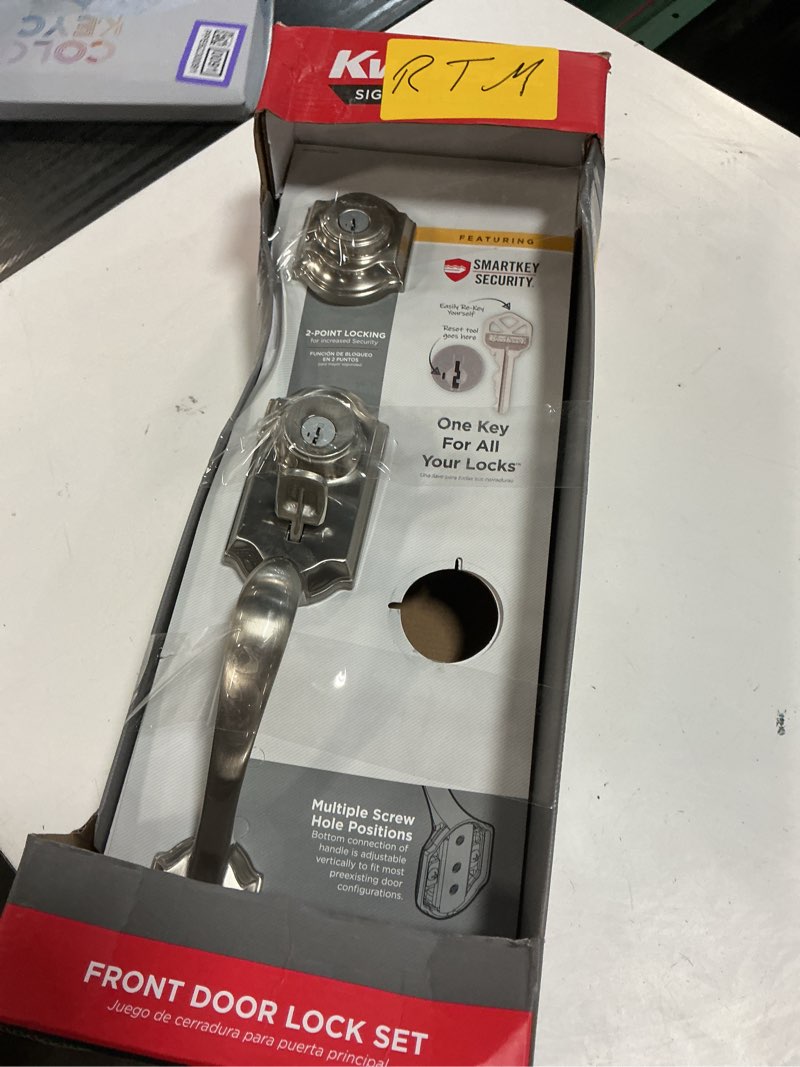 Condition photo showing As Is for montara satin nickel single cylinder door handleset with juno entry door knob featuring smartkey security