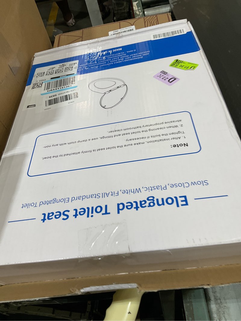 Condition photo showing As Is for toilet seat elongated, slow close hinges, four non-slip bumpers, easy to install and clean, durable plastic, white – two sets of mounting parts included elongated white - adult seat