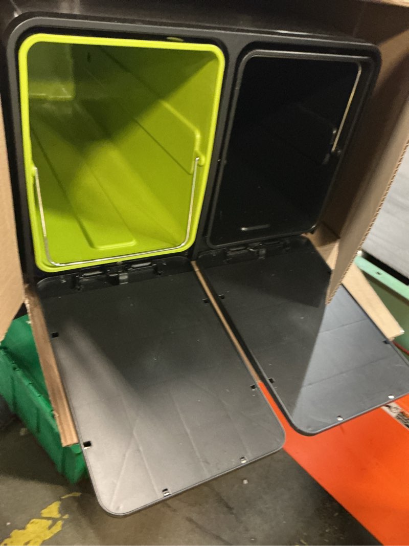 Condition photo showing As Is for kitchen trash can, 16 gallon garbage can with dual inner bins, large capacity 60 liter trash can with soft-close foot pedal, wide stainless steel shape