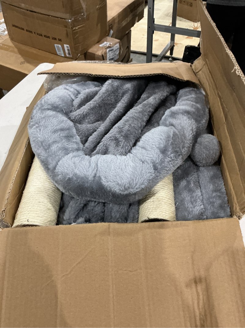 Condition photo showing As Is for cat tree, 34.3 inches cat tower with scratching post, condo, interactive hanging ball, plush perch for indoor large cats, gray