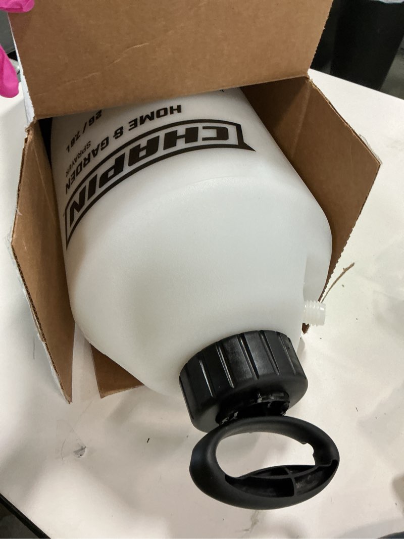 Condition photo showing As Is for Chapin 16200 2-Gallon Made in USA Garden Pump Sprayer with Ergonomic Handle, Trigger Shut Off, Adjustable Cone Nozzle and in-Tank Filter, for Spraying Weeds, Insects, Fertilizers, Translucent White 2 gal Sprayer